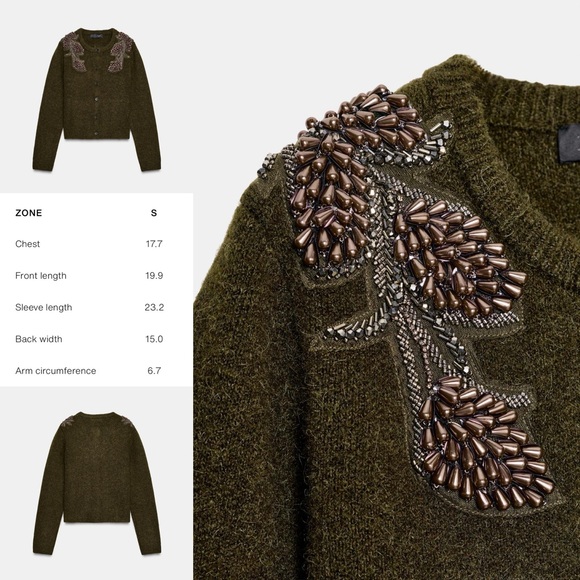 Zara Beaded Shoulder Cardigan Hunter Green Small NWT Silver Embellished Sweater - Picture 11 of 16